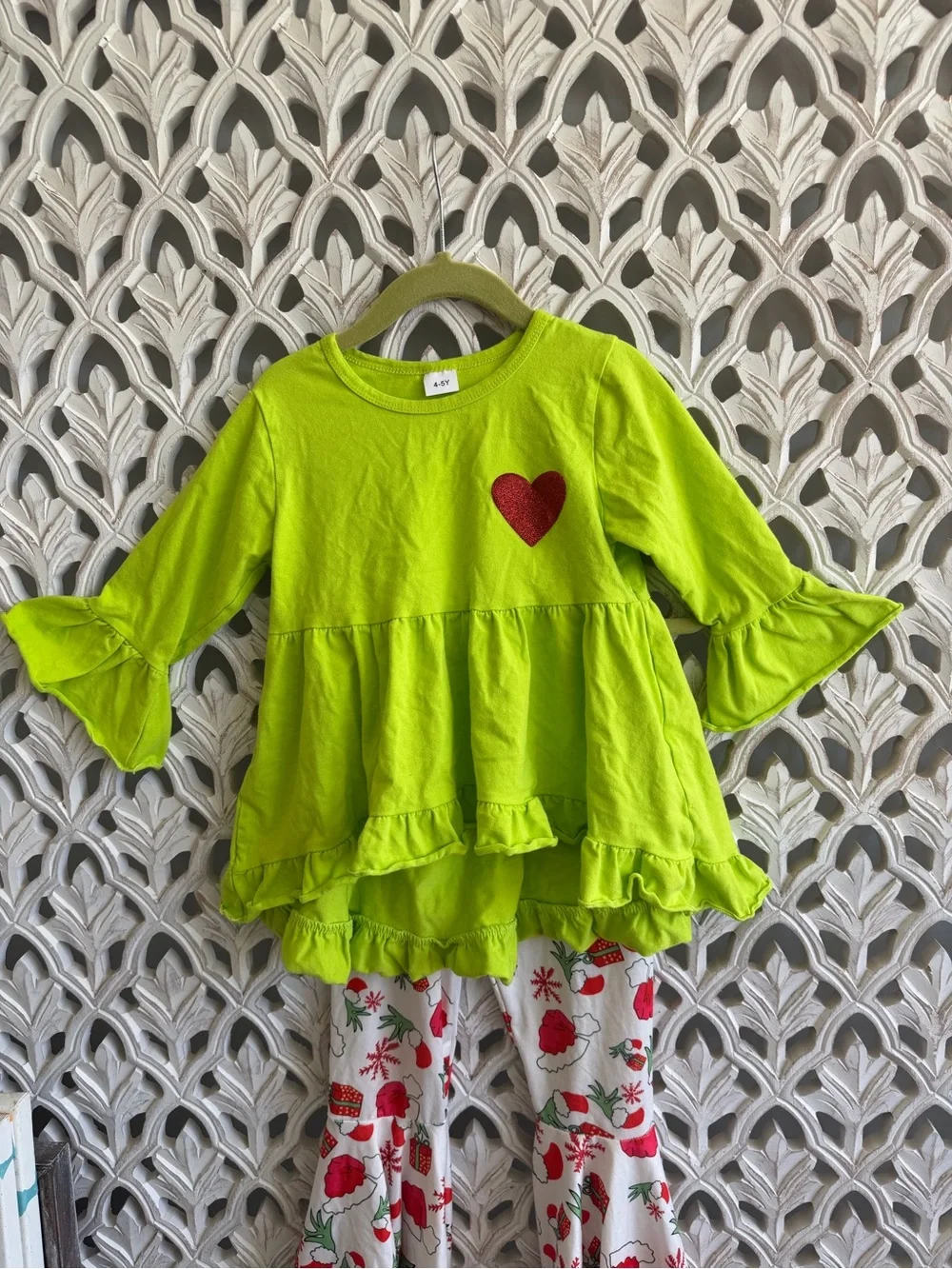 Girls Grinch Inspired Christmas Outfit Set 4-5Y Tunic Leggings Scarf